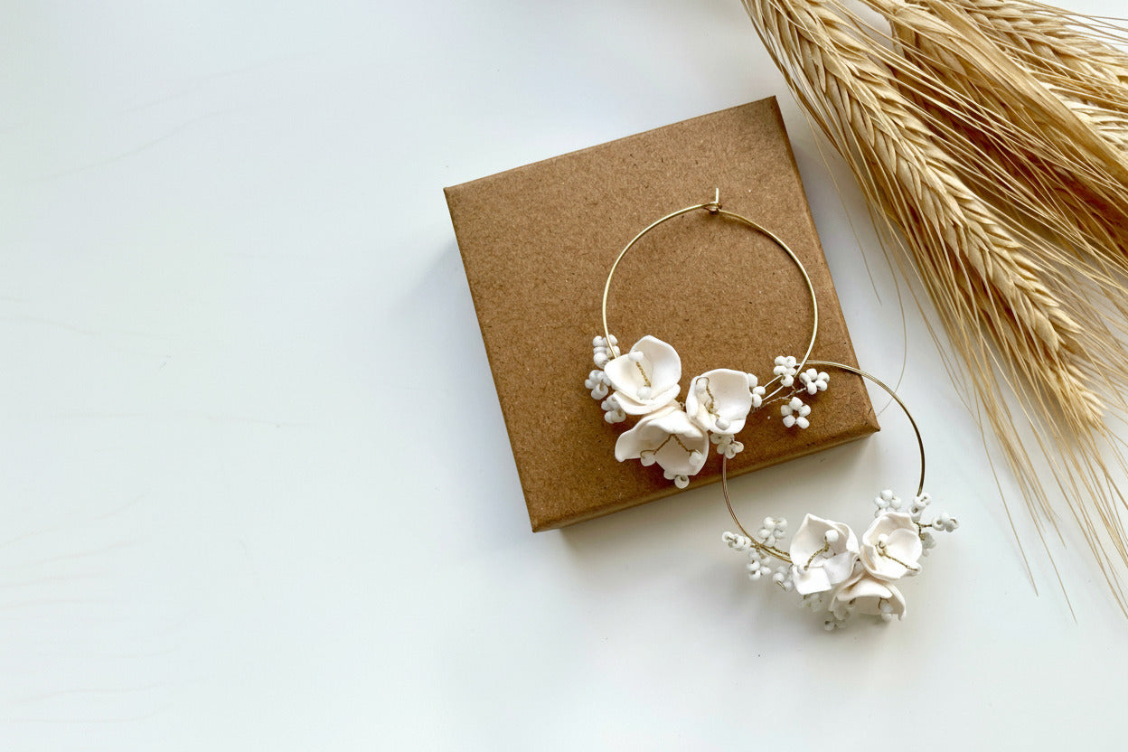 Floral hoop earrings with white flowers for wedding